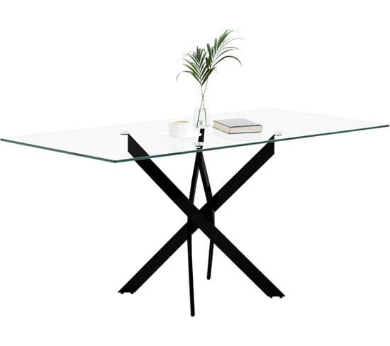 Table Repas Jessica Xl Métal noir Verre 180x90 cm 6 à 8 Couverts