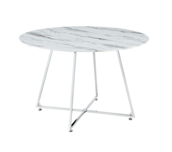 Table à Manger Ronde 4 Personnes Heloise Chrome Verre Effet Marbre Blanc D120 Cm