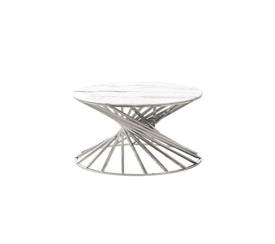 Table Basse Ronde Nautilus Chromé Plateau Verre Effet Marbré Blanc D80 Cm