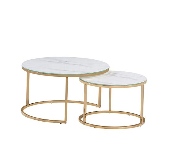 Lot De 2 Tables Basses Gigogne Arto Gold Pleateau Verre Effet Marbre Blanc