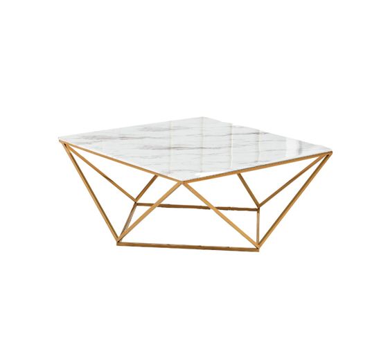 Table Basse Alina Plateau En Verre Marbré Blanc Pieds Gold 80x80x45cm