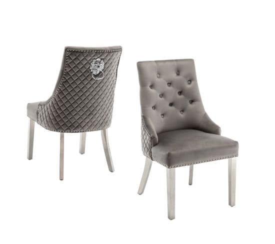 Lot De 2 Chaises Lion Mattelassée Et Cloûtée Chrome Velours Anthracite