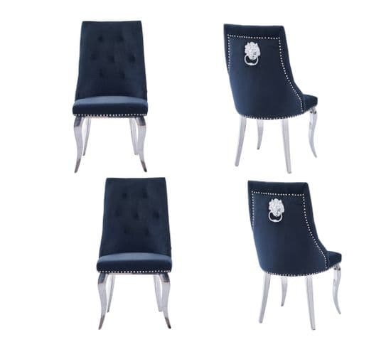 Lot De 4 Chaises Lion Capitonnées Et Cloutées Chrome Velours Noir