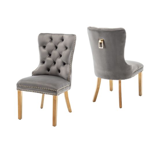 Lot De 2 Chaises Poignee Cloûté En Velours Anthracite Pied Gold