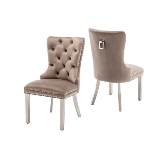 Lot De 2 Chaises Poignee Cloûté En Velours Moka Pied Chromé