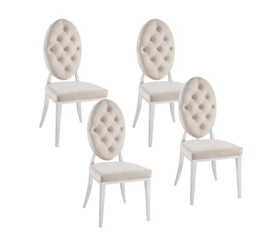 Lot De 4 Chaises Medaillon Capitonnées  Velours Blanc Cassé