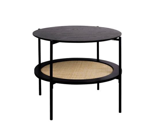 Table Basse Coloris Noir Vintage Double Plateaux Effet Bois Et Cannage. Piètement Et Structure En