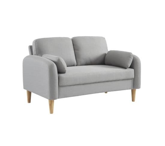 Canapé 2 Places Scandinave Arrondi Tissu Gris Clair Pieds Bois D'hévéa