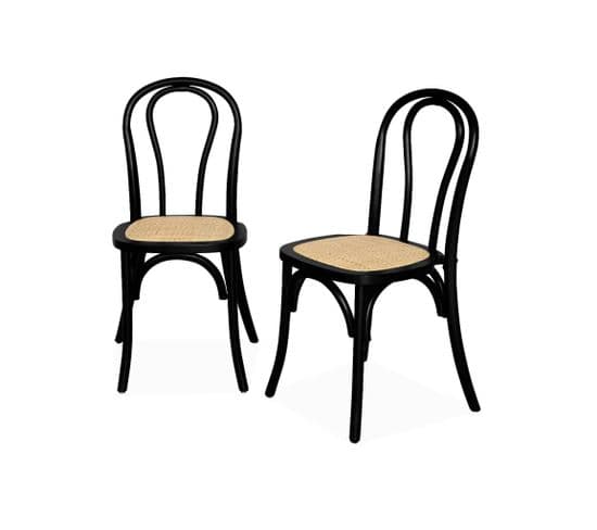 Lot De Deux Chaises Vintage En Bois Avec Assise En Rotin Et Dossier Arrondi Coloris Noir