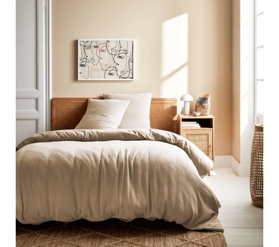 Parure De Lit Gaze De Coton Beige 1 Housse De Couette Avec Taie D'oreiller 260 X 240cm