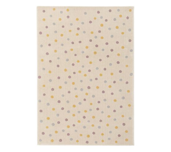 Tapis Enfant à Pois. Crème. Bleu. Jaune Et Violet. Poils Ras