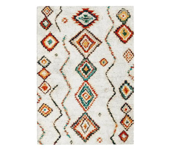 Tapis Intérieur Shaggy. Style Berbère. Poils Longs. Crème Et Multicolore 160 X 230cm