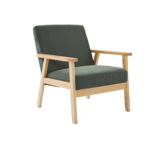 Fauteuil Vintage / Scandinave Structure En Bois Et Contreplaqué Et Assise En Velours Côtelé Vert