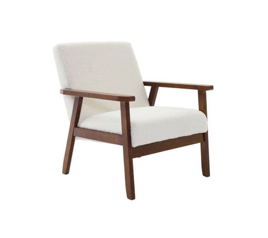 Fauteuil Scandinave En Bois D'hévéa Teinté Noyer Clair Et Tissu Bouclette. Isak. L 61 X P 65 X H