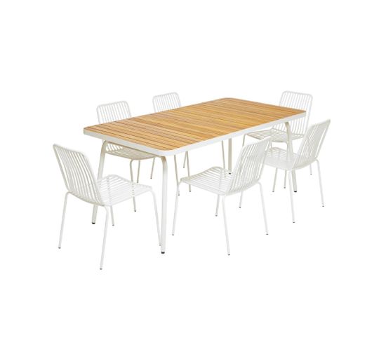 Table De Jardin Bois Et Acier. Pieds Pliables + 6 Chaises De Jardin Empilables. Blanc