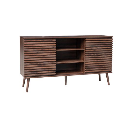 Buffet Scandinave Décor Bois Noyer Avec 2 Portes Coulissantes Rainurées Et 4 Étagères L 140cm