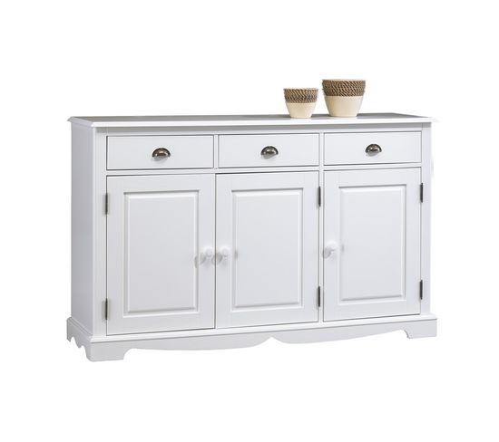 Buffet Blanc 3 Portes 3 Tiroirs Style Anglais 4 Niches L 146.6 H 89.6 P 42.5 Cm