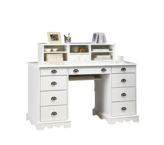 Bureau Ministre Blanc Surmeuble Style Anglais 11 Tiroirs L 137.5 H 99.7 P 58.3