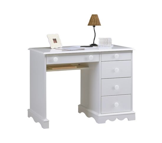 Bureau 1 Caisson 5 Tiroirs Blanc 1 Etagère Style Anglais L 100 H 74.7 P 58.3 Cm