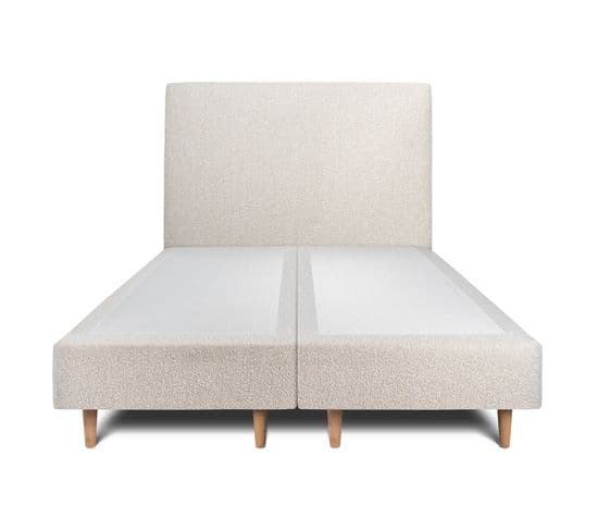 Lit 160x200cm Avec Tête De Lit Tapissier Bouclette Et Double Sommier Tapissier Beige