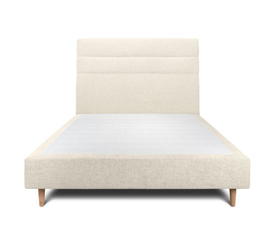 Lit 140x190cm Avec Tête De Lit Lignes Tissu Et Sommier Tapissier Beige Clair