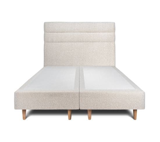 Lit 200x200cm Avec Tête De Lit Lignes Bouclette Et Double Sommier Tapissier Beige