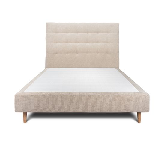 Lit 140x190cm Avec Tête De Lit Capitonnee Tissu Et Sommier Tapissier Beige Brun