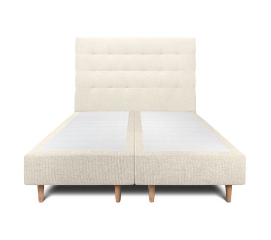 Lit 200x200cm Avec Tête De Lit Capitonnee Tissu Et Double Sommier Tapissier Beige Clair