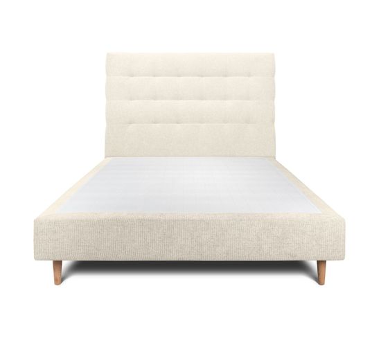 Lit 140x200cm Avec Tête De Lit Capitonnee Tissu Et Sommier Tapissier Beige Clair