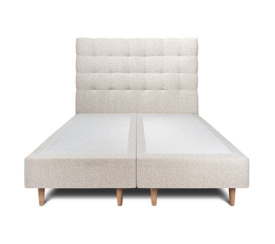 Lit 160x200cm Avec Tête De Lit Capitonnee Bouclette Et Double Sommier Tapissier Beige