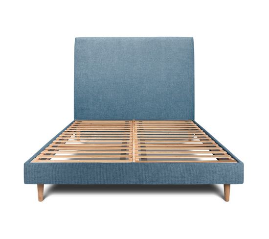 Lit 140x190cm Avec Tête De Lit Tapissier Tissu Et Sommier Kit Bleu