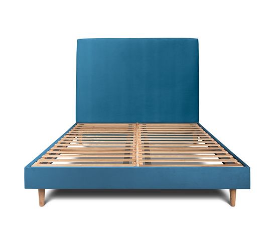 Lit 180x200cm Avec Tête De Lit Tapissier Velours Et Sommier Kit Bleu