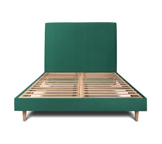 Lit 200x200cm Avec Tête De Lit Tapissier Velours Et Sommier Kit Vert