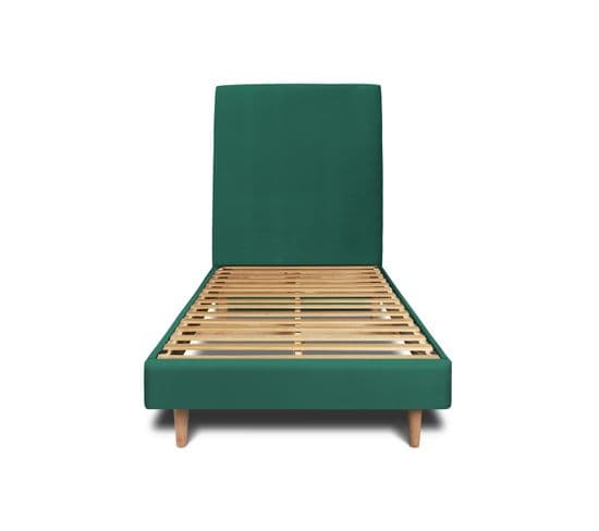 Lit 90x190cm Avec Tête De Lit Tapissier Velours Et Sommier Kit Vert