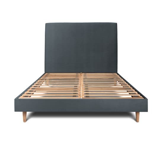 Lit 140x200cm Avec Tête De Lit Tapissier Velours Et Sommier Kit Gris Anthracite