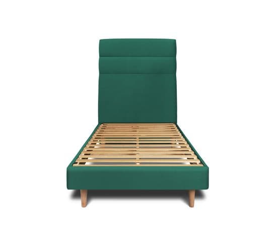 Lit 90x200cm Avec Tête De Lit Lignes Velours Et Sommier Kit Vert