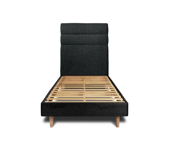 Lit 90x190cm Avec Tête De Lit Lignes Bouclette Et Sommier Kit Noir