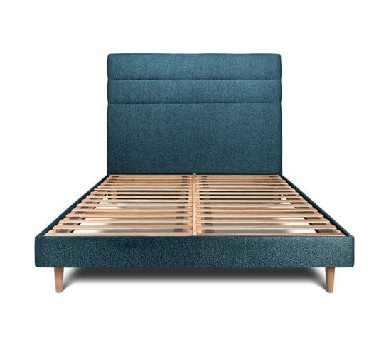 Lit 140x190cm Avec Tête De Lit Lignes Bouclette Et Sommier Kit Bleu