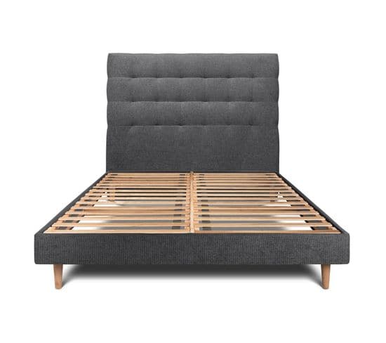 Lit 200x200cm Avec Tête De Lit Capitonnee Tissu Et Sommier Kit Noir