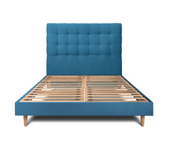 Lit 140x200cm Avec Tête De Lit Capitonnee Velours Et Sommier Kit Bleu