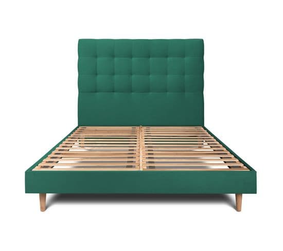 Lit 140x200cm Avec Tête De Lit Capitonnee Velours Et Sommier Kit Vert