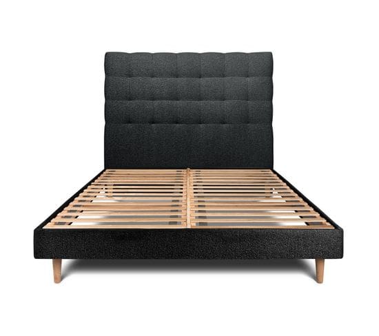 Lit 200x200cm Avec Tête De Lit Capitonnee Bouclette Et Sommier Kit Noir