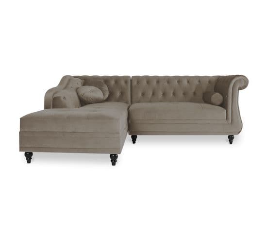 Canapé D'angle Gauche Empire Velours Taupe Style Chesterfield