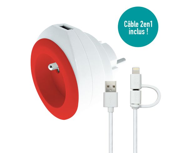 Prise Bewatt Avec Chargeur Usb Réversible (rouge) - Watt And Co