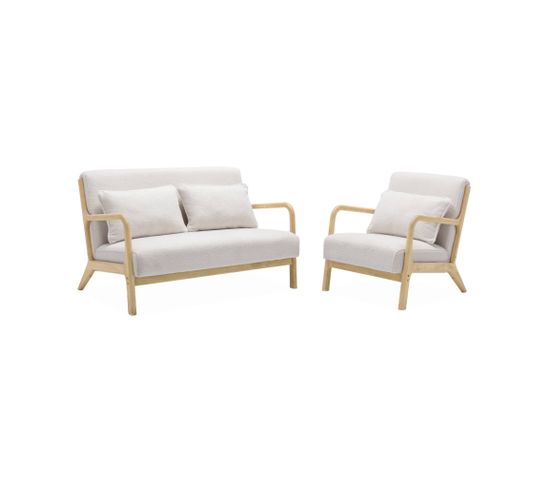 Banquette 2 Places + Fauteuil En Bois Et Tissu Bouclette