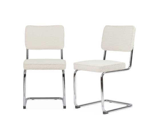 Lot De 2 Chaises Cantilever Tissu Bouclette Texturée Blanc Cassé L46 X P54.5x H84.5cm