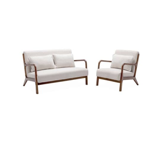 Banquette 2 Places + Fauteuil Bouclette En Bois D'hévéa Teinté Noyer Clair