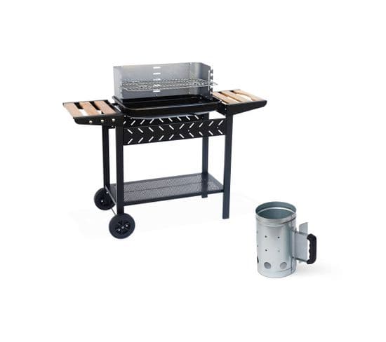 Barbecue Au Charbon. Noir Et Gris. Hauteur De Grille Ajustable. Cuve Émaillée. Tablettes En Bois +