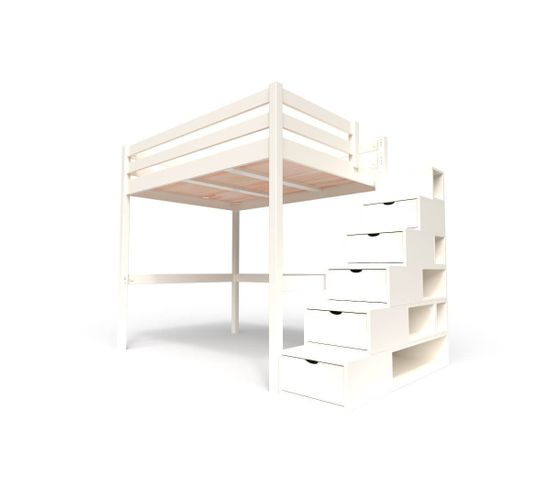 Lit Mezzanine Sylvia Avec Escalier Cube Bois, Couleur: Ivoire, Dimensions: 140x200