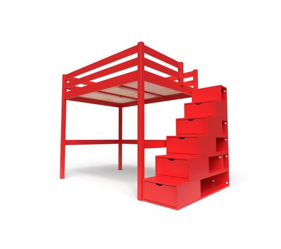 Lit Mezzanine Sylvia Avec Escalier Cube Bois, Couleur: Rouge, Dimensions: 140x200